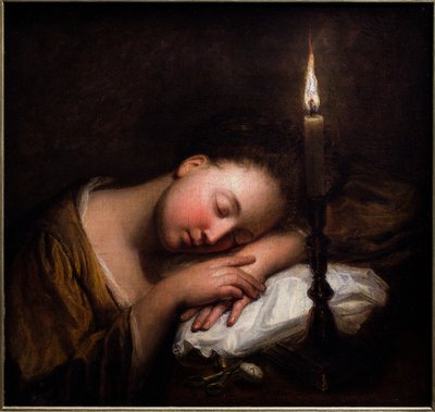 Ung flicka sover i skenet av ett stearinljus av Jean Baptiste (after) Santerre