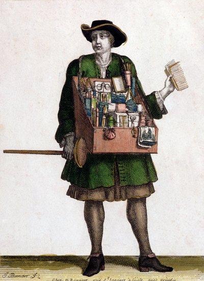 The Haberdasher (färggravyr) av Jean Baptiste Bonnart