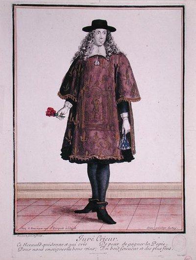 The Town Crier of Beaune, sent 1600-tal (färgad gravyr) av Jean Baptiste Bonnart