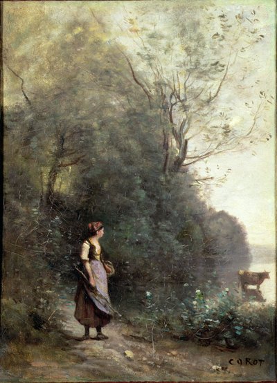 En bondkvinna som betar en ko i kanten av en skog, ca 1865-70 av Jean Baptiste Camille Corot