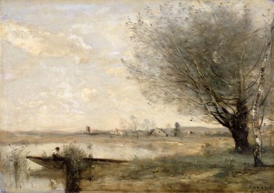 Fiskare förtöjd vid en bank (olja på duk) av Jean-Baptiste-Camille Corot