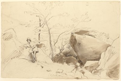 Fontainebleau, Figur, die sich gegen einen Felsen lehnt von Jean-Baptiste-Camille Corot
