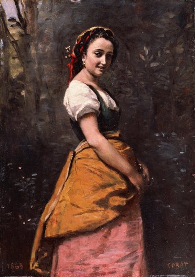 Franska:  Jeune femme en forêt Ung kvinna i skogen av Jean-Baptiste-Camille Corot