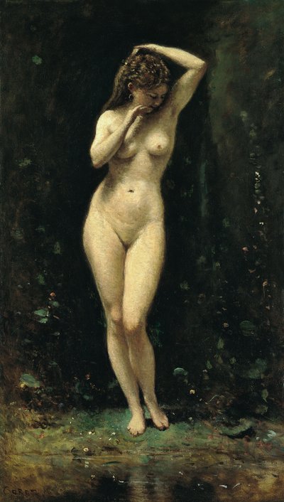 Franska:  Le Bain de Diane (La Fontaine) Diana badar (Fontänen) av Jean-Baptiste-Camille Corot