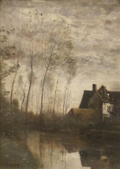 Eine Flussszene mit Häusern und Pappeln von Jean-Baptiste-Camille Corot