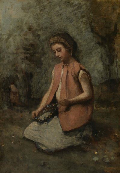 Flicka som väver en krans, 1860-65. av Jean Baptiste Camille Corot