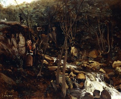 Lormes - En torrent med en stående bonde, spinning ull, 1842 av Jean Baptiste Camille Corot