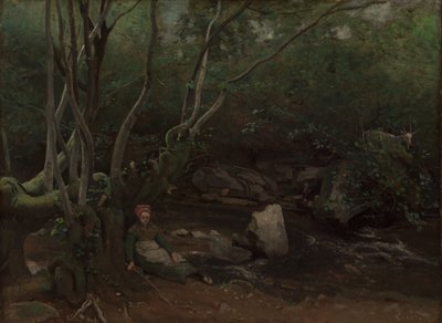 Lormes: Get-Girl som sitter bredvid en bäck i en skog av Jean-Baptiste-Camille Corot