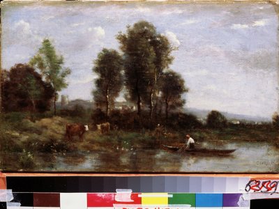 ""Paysage a la riviere"" (Landskap med en flod) Målning av Camille Corot (1796-1875) Far Eastern Art Museum från 1800-talet, Khabarovsk, Ryssland av Jean-Baptiste-Camille Corot