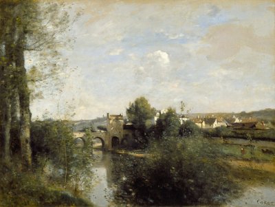 Seine och den gamla bron i Limay av Jean Baptiste Camille Corot