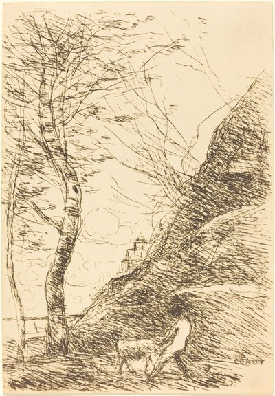 Hirte kämpft mit einer Ziege von Jean Baptiste Camille Corot