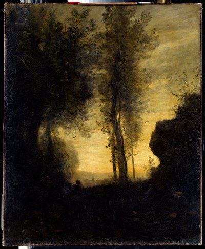 Sittande get som spelar flöjt i en glänta. Målning av Camille Corot (1796-1875) av Jean-Baptiste-Camille Corot