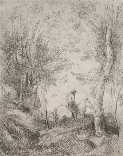The Great Cavalier in the Wood, originalavtryck 1854, tryckt 1921. av Jean Baptiste Camille Corot