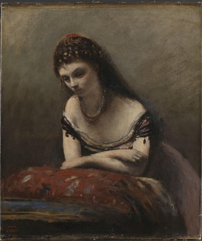 Ung kvinna lutad mot en kudde, ca 1870-72 (olja på duk) av Jean-Baptiste-Camille Corot