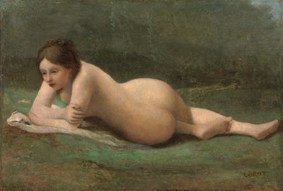 Ung kvinna lutande på gräset, ca 1850-60 av Jean Baptiste Camille Corot