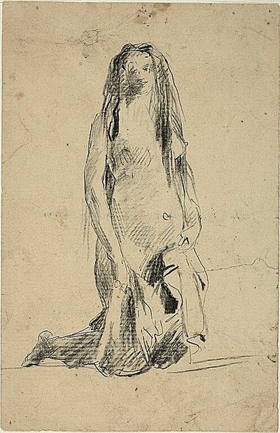 Knäböjande naken kvinna med draperi av Jean Baptiste Carpeaux