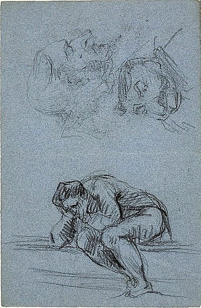 Sittande figur med huvudet i händerna och två karikatyrer (recto); Fyra figurer i en lunett (verso) av Jean Baptiste Carpeaux