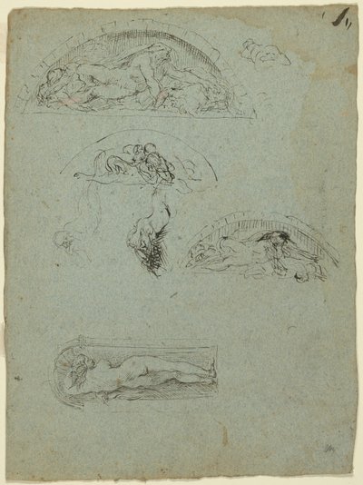 Stående figur i en nisch och studier för Ugolino-gruppen (recto); Rödklädd prelat i en folkmassa (verso) av Jean Baptiste Carpeaux