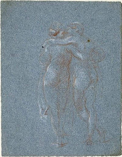 Två stående figurer, omfamnande (recto); Man med lie och skisser av byggnader (verso) av Jean Baptiste Carpeaux