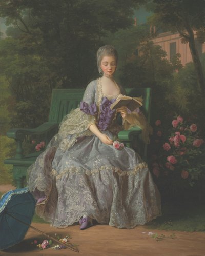 Porträtt av Marie Thérèse Louise av Savojen, prinsessan av Lamballe (1749-1792), sittande i helfigur, i lila klänning av Jean Baptiste Charpentier the Elder