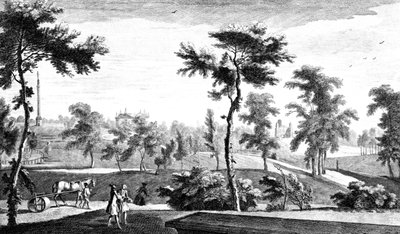 En utsikt från det grekiska templet till Lord Cobhams pelare, Stowe House Gardens, graverad av George Bickham, 1753 av Jean Baptiste Claude Chatelain