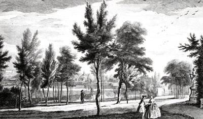 En udsigt over Elysian Fields fra Helicon Spring, Stowe House Gardens, indgraveret af George Bickham, 1753 swed av Jean Baptiste Claude Chatelain