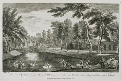 En utsikt över grottan av Serpentine River i Alder Grove vid Stowe, 1753, graverad av George Bickham av Jean Baptiste Claude Chatelain