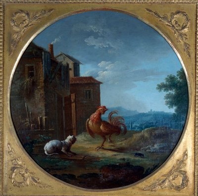 Grisen, katten och musen. Illustration till fabeln av Jean de La Fontaine. Målning av Jean Baptiste Claudeot (1733-1805) av Jean Baptiste Claudot
