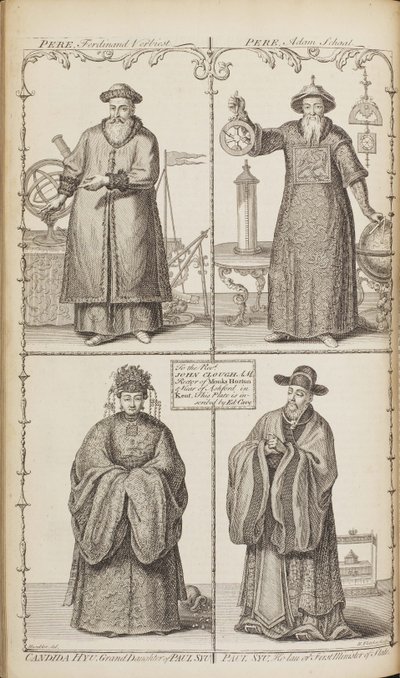 Porträtt av Ferdinand Verbiest, Adam Schall, Candida Xu och Xu Guangqi Från En beskrivning av e av Jean Baptiste Du Halde