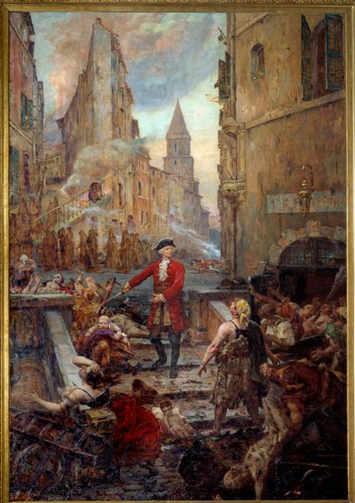 Chevalier Roze vid Montee des Aroules i Marseille Nicola Roze (1675-1733) släpper lös Armoules-distriktet i Marseille från pestiferernas lik under den stora pesten 1720. Målning av Jean-Baptiste Duffaud (1852-1927) av Jean Baptiste Duffaud