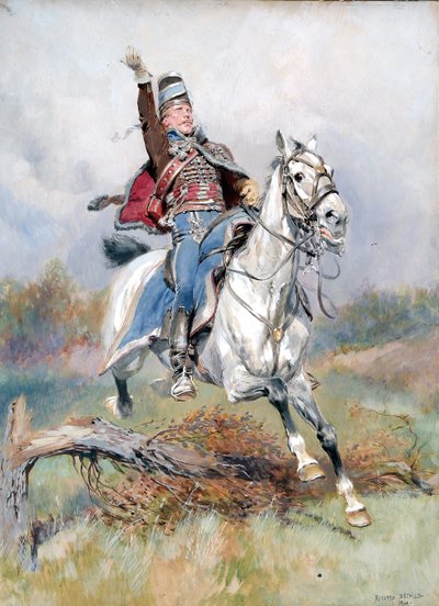 En fransk kavallerist till häst, 1900 (wc & gouache på papper) av Jean Baptiste Edouard Detaille