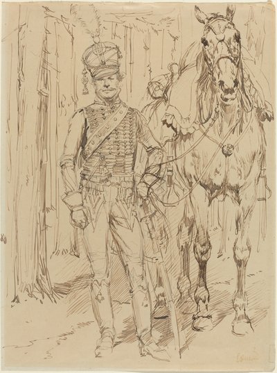 En fransk husar som leder en häst av Jean-Baptiste Edouard Detaille