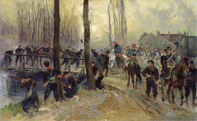 Bakhåll nära en bro som försvaras av trupper, tidig morgon, 1870 av Jean Baptiste Edouard Detaille