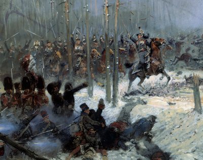 Ryskt fälttåg 1812: "" Befallning av det sjunde slagskeppet av överste Dubois vid la Berezina (Beresina) den 11/28/1812 i Ryssland"" Detalj. Målning av Jean-Baptiste-Edouard (Jean Baptiste Edouard) Detaille (1848-1912) 1800-talet. Paris, Musee de l