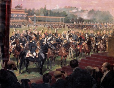 Utdelning av flaggor i Longchamp av president Jules Grevy i närvaro av Leon Gambetta den 14 juli av Jean-Baptiste Edouard Detaille