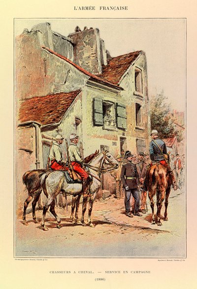 Typer och uniformer av kapten Jules Richards franska armé, illustrerad av Edouard Detaille (1848-1912): Hunters a Horseback; Fälttjänst 1886, Privat samling av Jean-Baptiste Edouard Detaille
