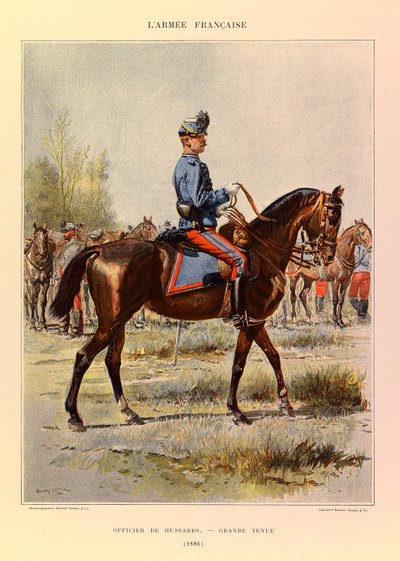 Typer och uniformer av kapten Jules Richards franska armé, illustrerad av Edouard Detaille (1848-1912): Officer of Hussards in Great Dress in 1886, Private Collection av Jean-Baptiste Edouard Detaille