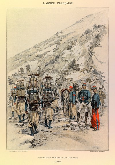 Typer och uniformer av kapten Jules Richards franska armé, illustrerad av Edouard Detaille (1848-1912): Indigenes Tirailleurs in Column in 1886, Private Collection av Jean-Baptiste Edouard Detaille