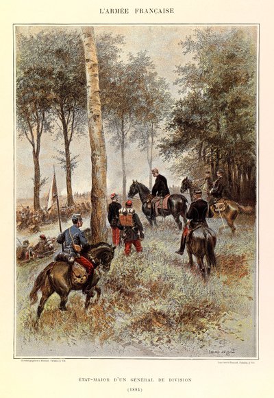 Typer och uniformer av kapten Jules Richards franska armé, illustrerad av Edouard Detaille (1848-1912): Staff of a Divisional General in 1884, Private Collection av Jean-Baptiste Edouard Detaille