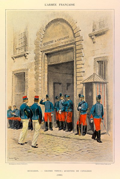 Typer och uniformer av kapten Jules Richards franska armé, illustrerad av Edouard Detaille (1848-1912): Husarder i stor klädsel; Kavalleridistriktet 1886, Privat samling av Jean-Baptiste Edouard Detaille