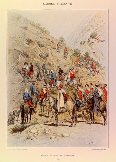Typer och uniformer av kapten Jules Richards franska armé, illustrerad av Edouard Detaille (1848-1912): Spahis; Eskortpluton 1886, Privat samling av Jean-Baptiste Edouard Detaille
