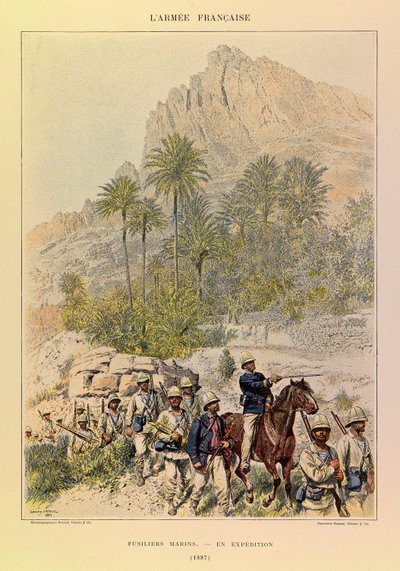 Typer och uniformer av kapten Jules Richards franska armé, illustrerad av Edouard Detaille (1848-1912): Fusiliers Marins on Expedition in 1887, Private Collection av Jean-Baptiste Edouard Detaille