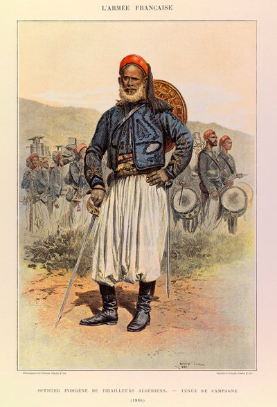 Typer och uniformer av kapten Jules Richards franska armé, illustrerad av Edouard Detaille (1848-1912): infödd officer av algeriska tuniorer i fältklänning 1886, privat samling av Jean-Baptiste Edouard Detaille