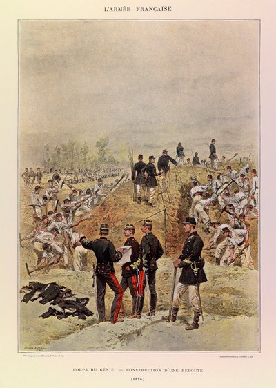 Typer och uniformer av kapten Jules Richards franska armé, illustrerad av Edouard Detaille (1848-1912): Corps de Genie; Konstruktion av en Redoubt 1886, Privat samling av Jean-Baptiste Edouard Detaille