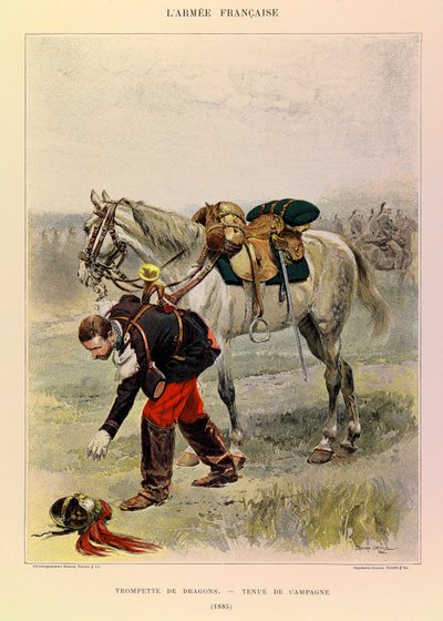 Typer och uniformer av kapten Jules Richards franska armé, illustrerad av Edouard Detaille (1848-1912): Draktrumpet i lantklänning 1885, privat samling av Jean Baptiste Edouard Detaille
