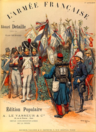 Typer och uniformer av den franska Armee av kapten Jules Richard, illustrerad av Edouard Detaille (1848-1912): Första omslaget till boken "" L