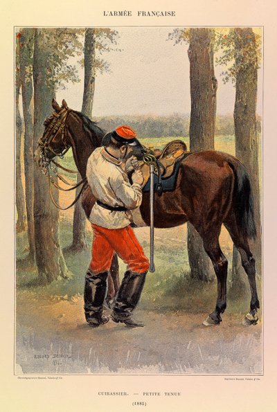 Typer och uniformer av kapten Jules Richards franska armé, illustrerad av Edouard Detaille (1848-1912): Cuirassier i liten klänning 1885, Privat samling av Jean-Baptiste Edouard Detaille