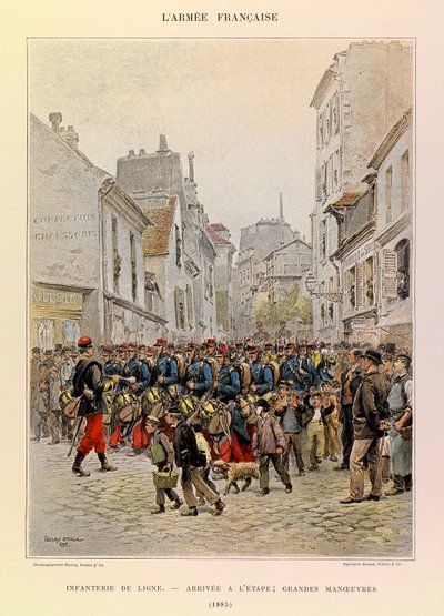 Typer och uniformer för kapten Jules Richards franska armé, illustrerad av Edouard Detaille (1848-1912): Linjeinfanteri: Ankomst till scenen under de stora manövrarna 1885, Privat samling av Jean-Baptiste Edouard Detaille