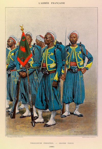 Typer och uniformer av kapten Jules Richards franska armé, illustrerad av Edouard Detaille (1848-1912): Native Tirailleurs in Great Outfit in 1886, Private Collection av Jean Baptiste Edouard Detaille
