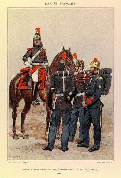 Typer och uniformer av kapten Jules Richards franska armé, illustrerad av Edouard Detaille (1848-1912): Republikanska gardet och brandmän i stor outfit 1887, privat samling av Jean Baptiste Edouard Detaille